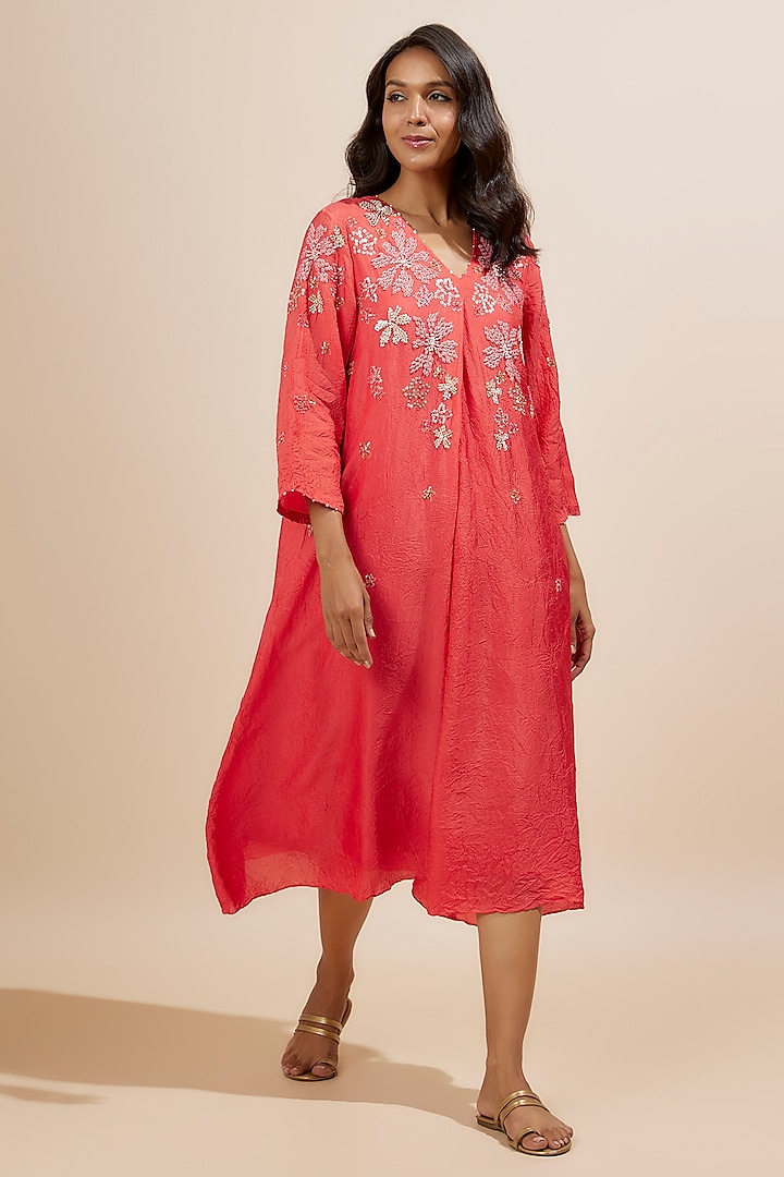 Scarlet Red Crushed Silk Floral Hand Embroidered Kurta by One not two