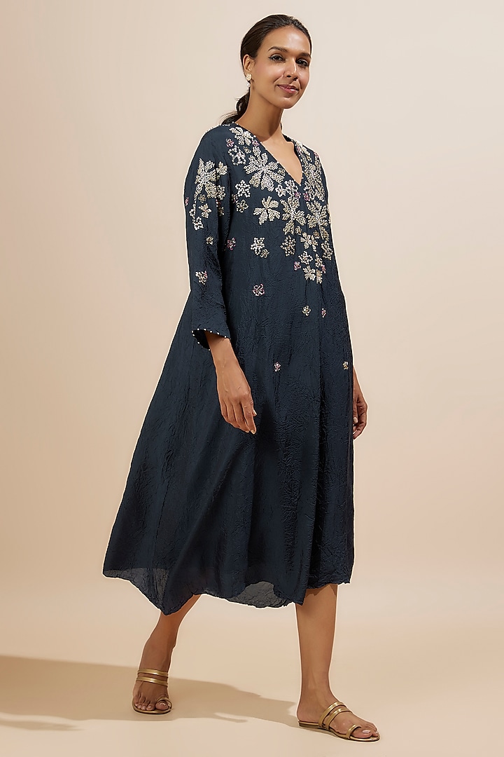 Navy Crushed Silk Floral Hand Embroidered Kurta by One not two