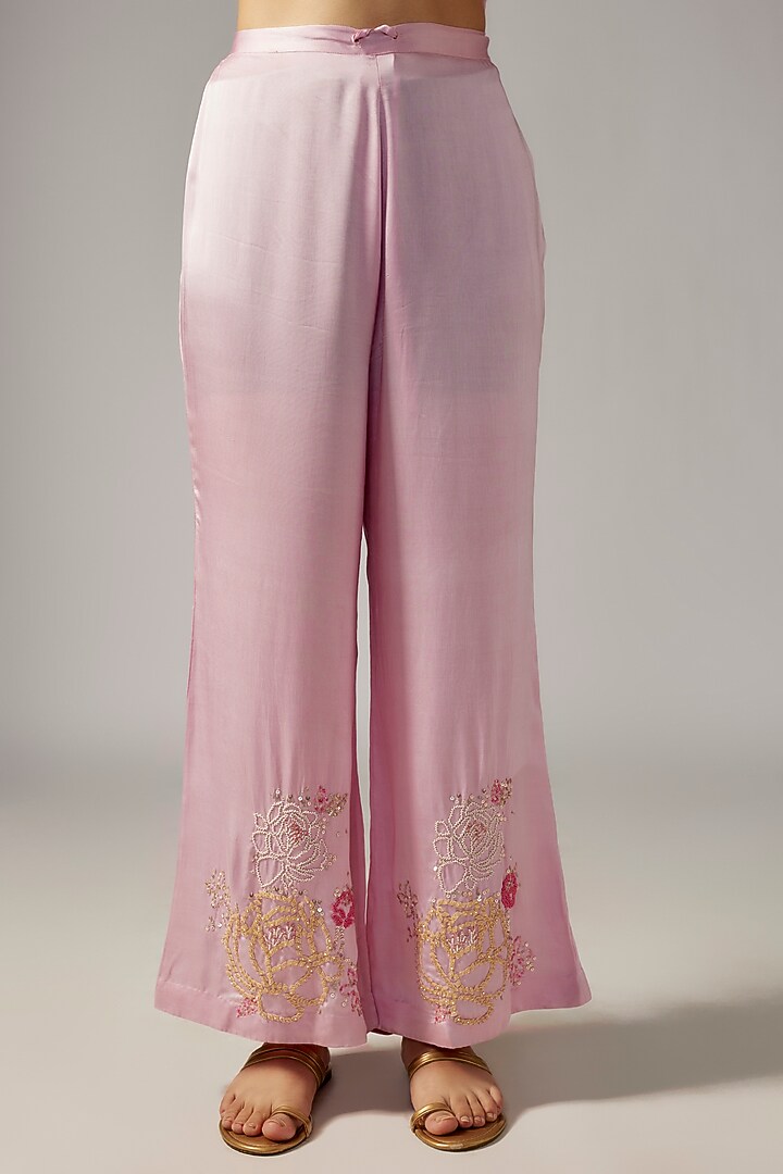 Lilac Viscose Silk Floral Embroidered Kurta Set by One not two at Pernia's Pop Up Shop