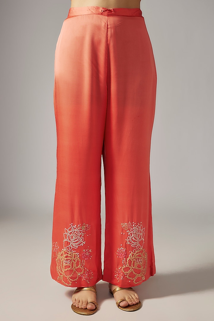 Coral Viscose Silk Floral Embroidered Kurta Set by One not two at Pernia's Pop Up Shop