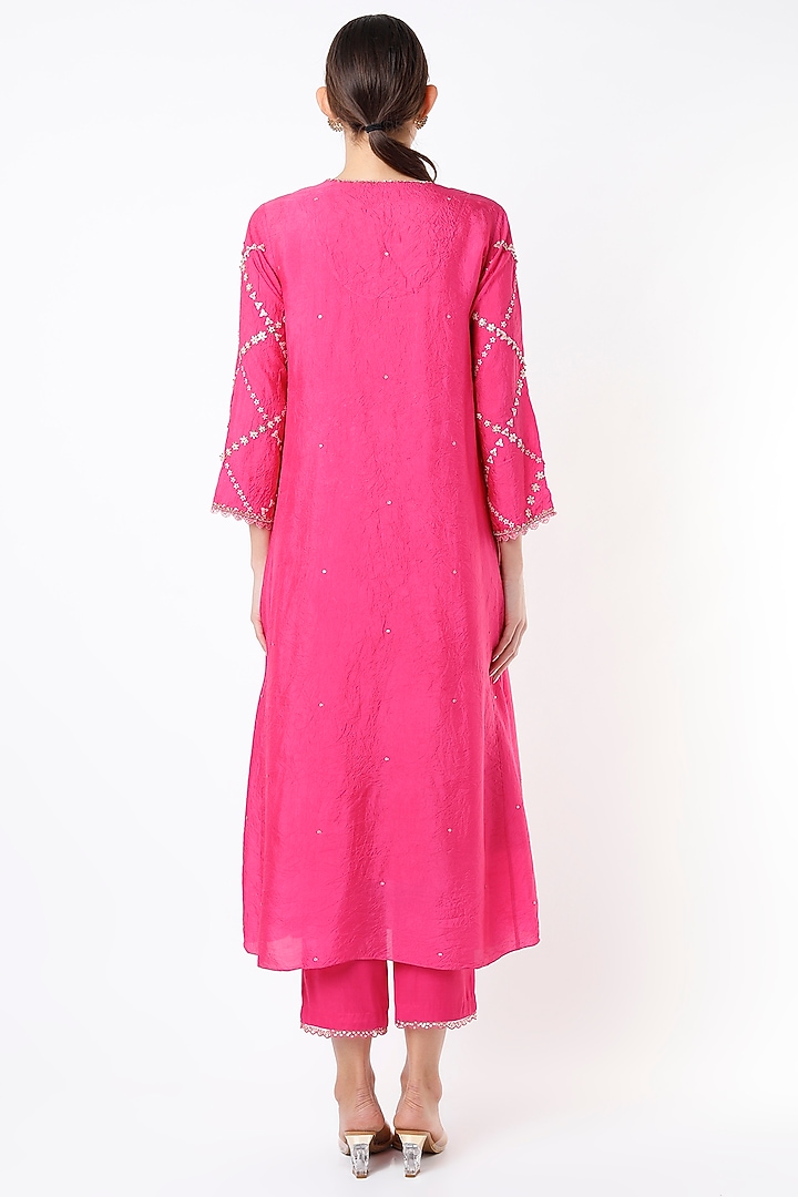 Hot Pink Hand Embroidered Kurta by One not two at Pernia's Pop Up Shop