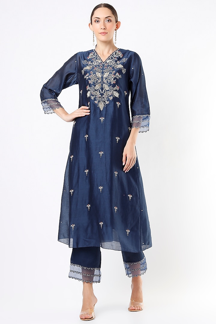 Navy Embroidered Paneled Kurta by One not two