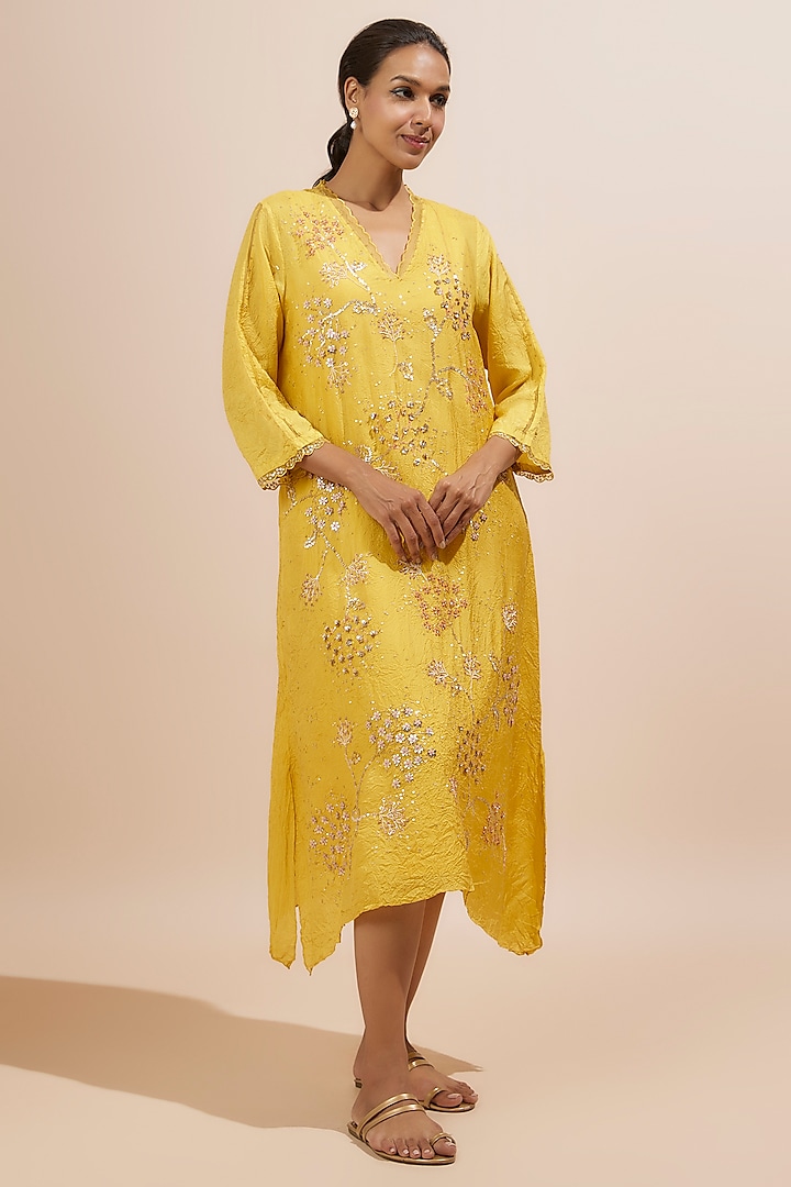 Mango Yellow Viscose Silk Sequins Embroidered Kurta by One not two