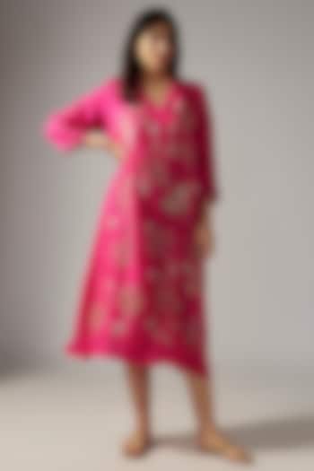 Hot Pink Viscose Silk Sequins Embroidered Kurta by One not two