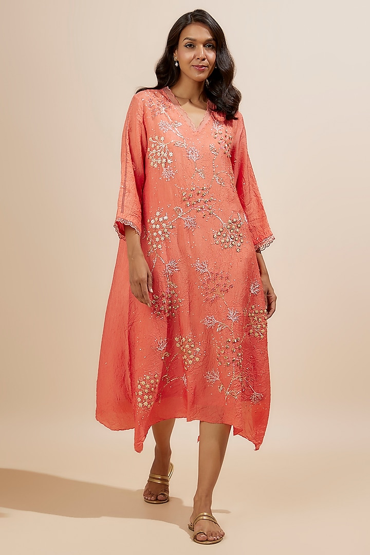 Coral Viscose Silk Sequins Embroidered Kurta by One not two