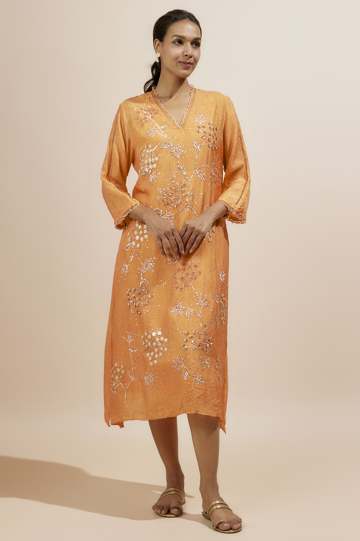 Orange Viscose Silk Sequins Embroidered Kurta by One not two at Pernia's Pop Up Shop