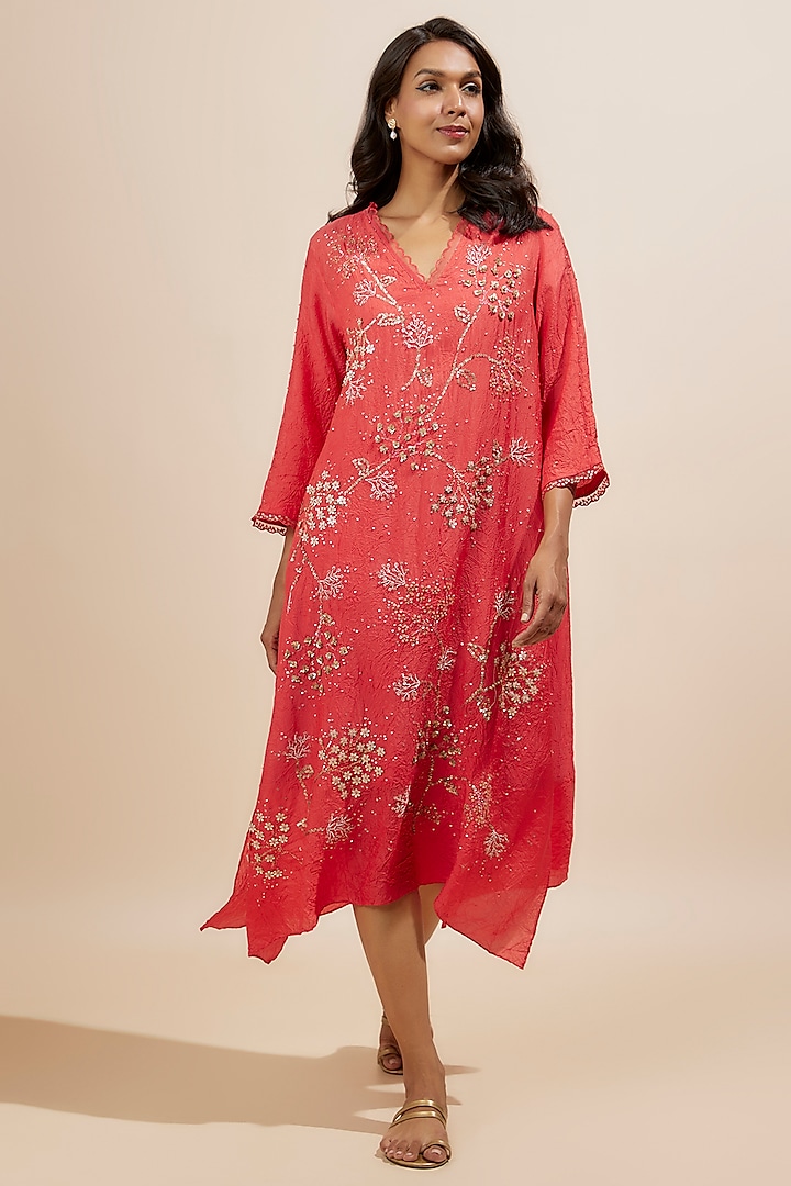 Scarlet Red Viscose Silk Sequins Embroidered Kurta by One not two