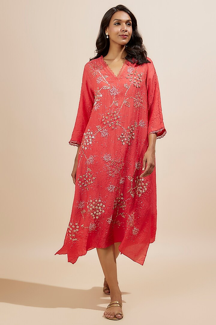 Scarlet Red Viscose Silk Sequins Embroidered Kurta by One not two