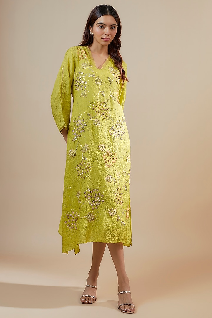 Citrine Yellow Viscose Silk Sequins & Bead Embroidered Kurta by One not two at Pernia's Pop Up Shop