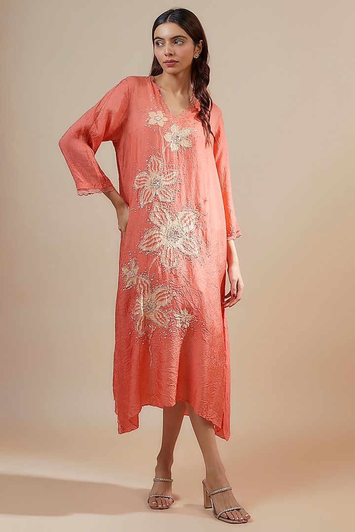 Coral Viscose Silk Sequins & Bead Embroidered Kurta by One not two at Pernia's Pop Up Shop