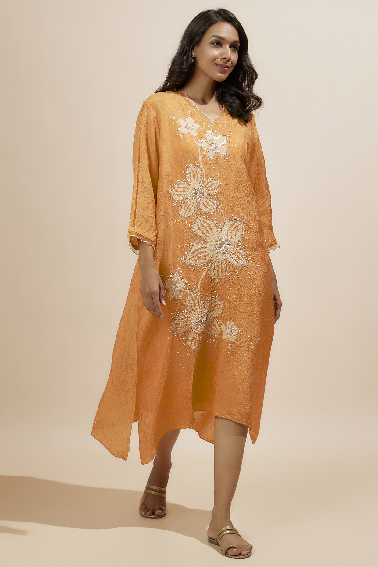 Orange Viscose Silk Sequins Embroidered Kurta by One not two at Pernia's Pop Up Shop