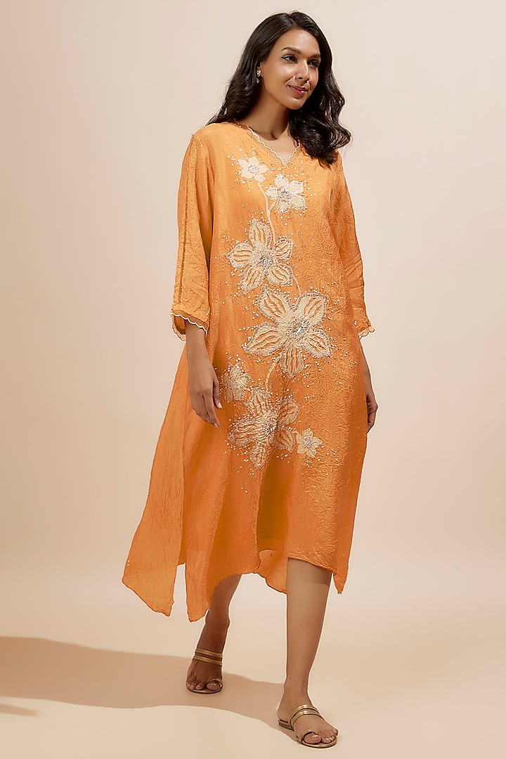 Orange Viscose Silk Sequins Embroidered Kurta by One not two at Pernia's Pop Up Shop