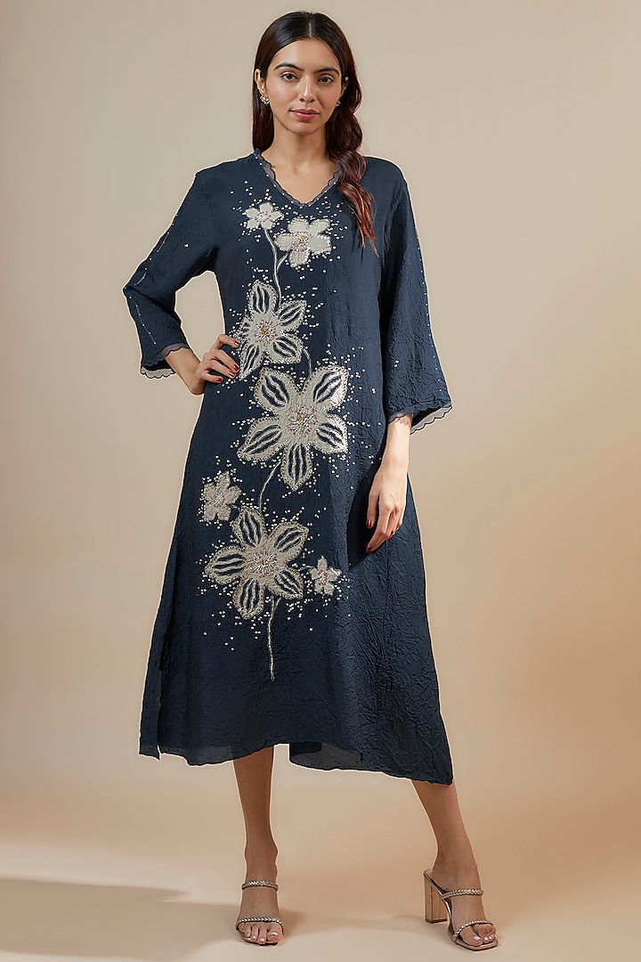 Navy Blue Viscose Silk Sequins & Bead Embroidered Kurta by One not two