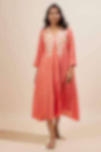 Coral Viscose Silk Applique Floral Bead Embroidered Kurta by One not two at Pernia's Pop Up Shop