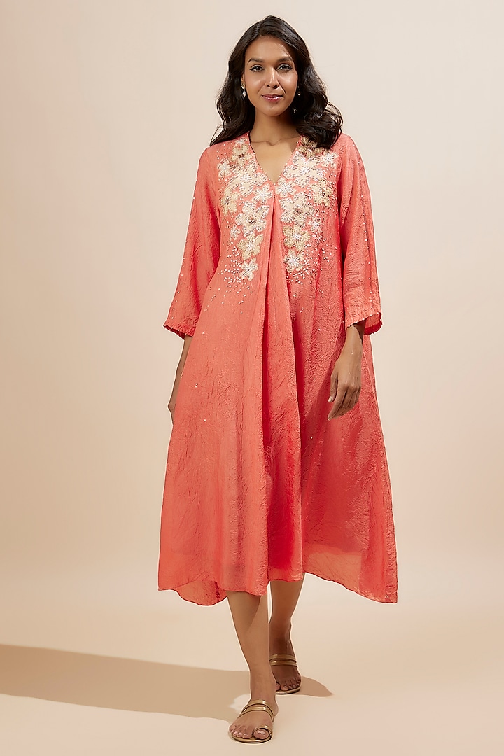 Coral Viscose Silk Applique Floral Bead Embroidered Kurta by One not two