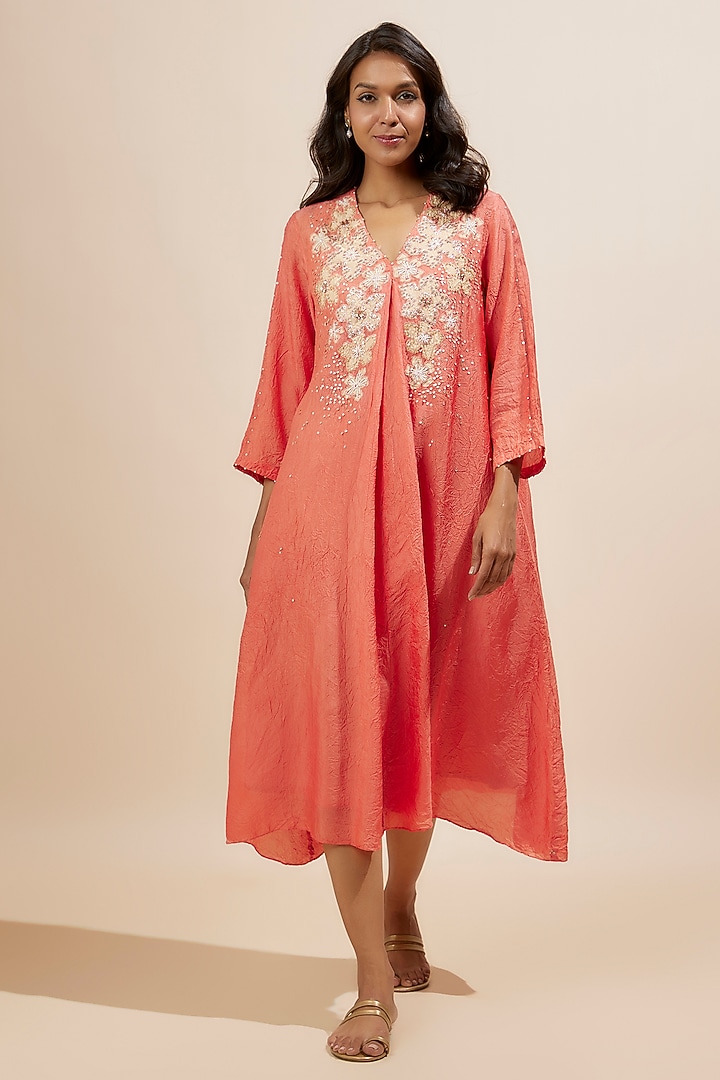 Coral Viscose Silk Applique Floral Bead Embroidered Kurta by One not two at Pernia's Pop Up Shop