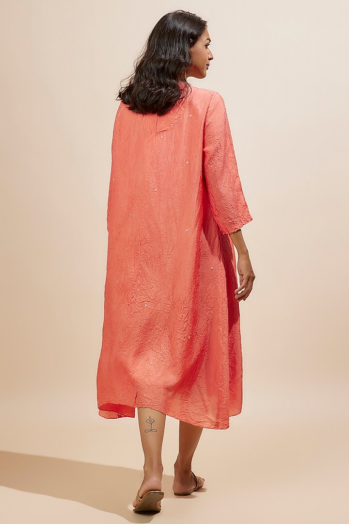 Coral Viscose Silk Applique Floral Bead Embroidered Kurta by One not two at Pernia's Pop Up Shop