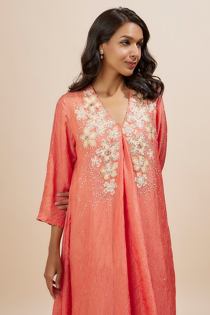 Coral Viscose Silk Applique Floral Bead Embroidered Kurta by One not two at Pernia's Pop Up Shop