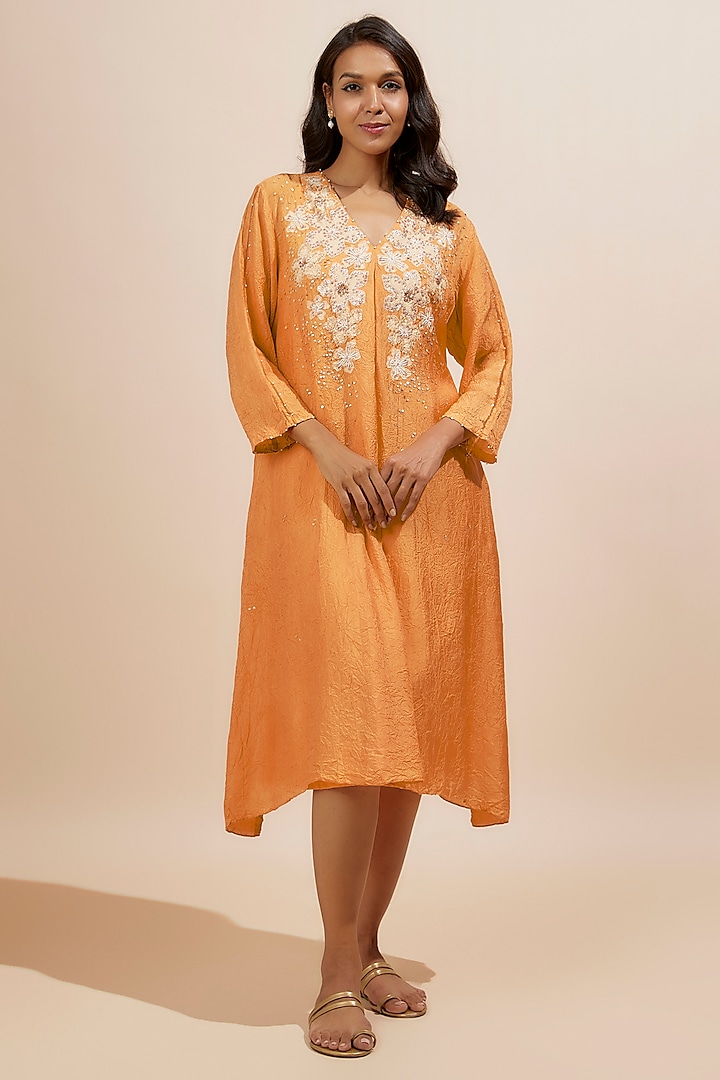 Orange Viscose Silk Applique Floral Bead Embroidered Kurta by One not two
