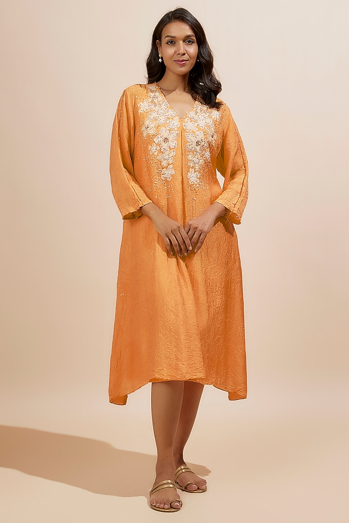 Orange Viscose Silk Applique Floral Bead Embroidered Kurta by One not two at Pernia's Pop Up Shop