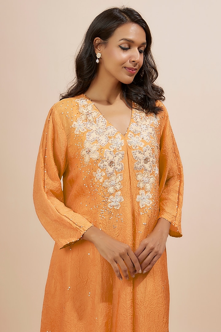 Orange Viscose Silk Applique Floral Bead Embroidered Kurta by One not two at Pernia's Pop Up Shop