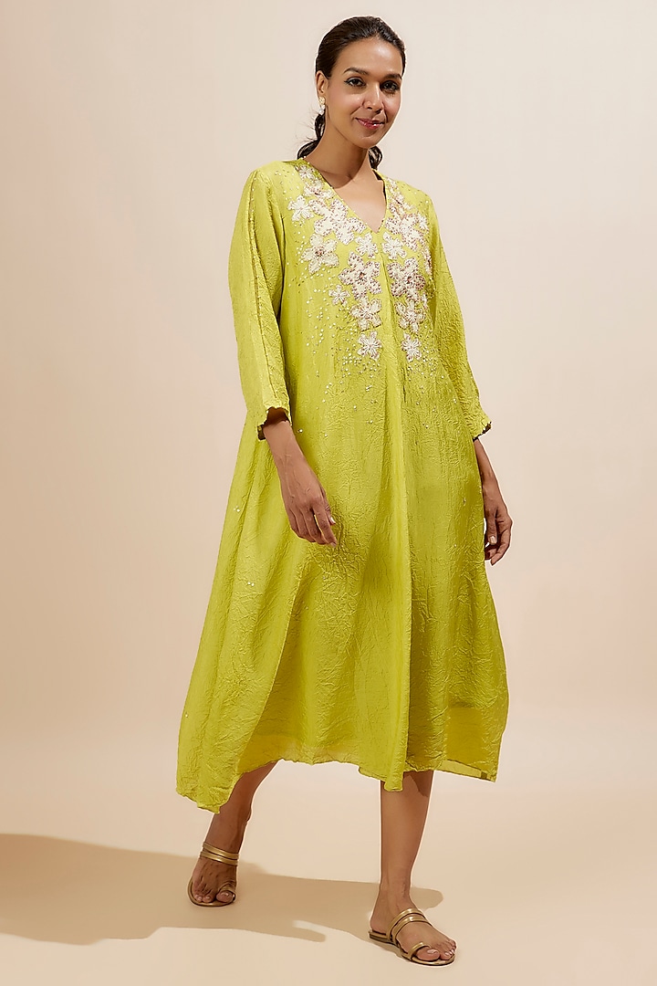 Citrine Yellow Viscose Silk Applique Floral Bead Embroidered Kurta by One not two