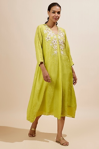 Citrine Yellow Viscose Silk Applique Floral Bead Embroidered Kurta by One not two