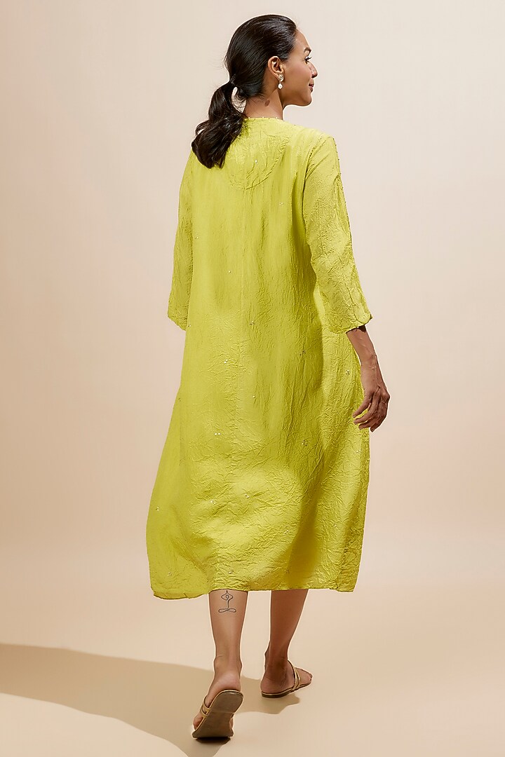 Citrine Yellow Viscose Silk Applique Floral Bead Embroidered Kurta by One not two at Pernia's Pop Up Shop