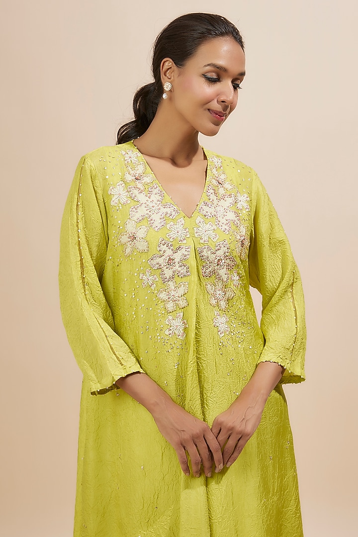 Citrine Yellow Viscose Silk Applique Floral Bead Embroidered Kurta by One not two at Pernia's Pop Up Shop