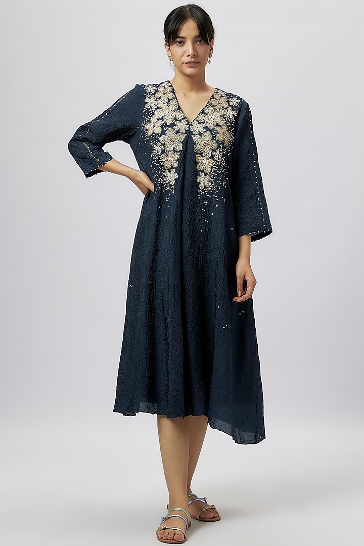 Navy Blue Viscose Silk Applique & Floral Beads Embroidered Kurta by One not two