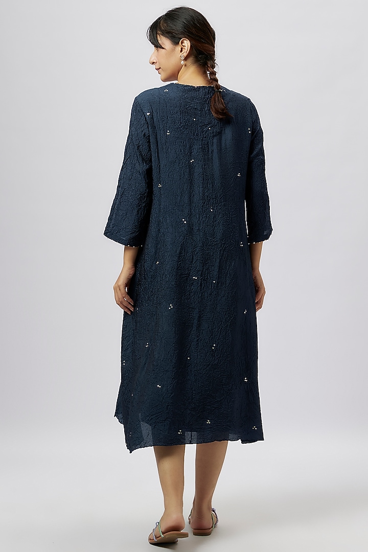 Navy Blue Viscose Silk Applique & Floral Beads Embroidered Kurta by One not two at Pernia's Pop Up Shop
