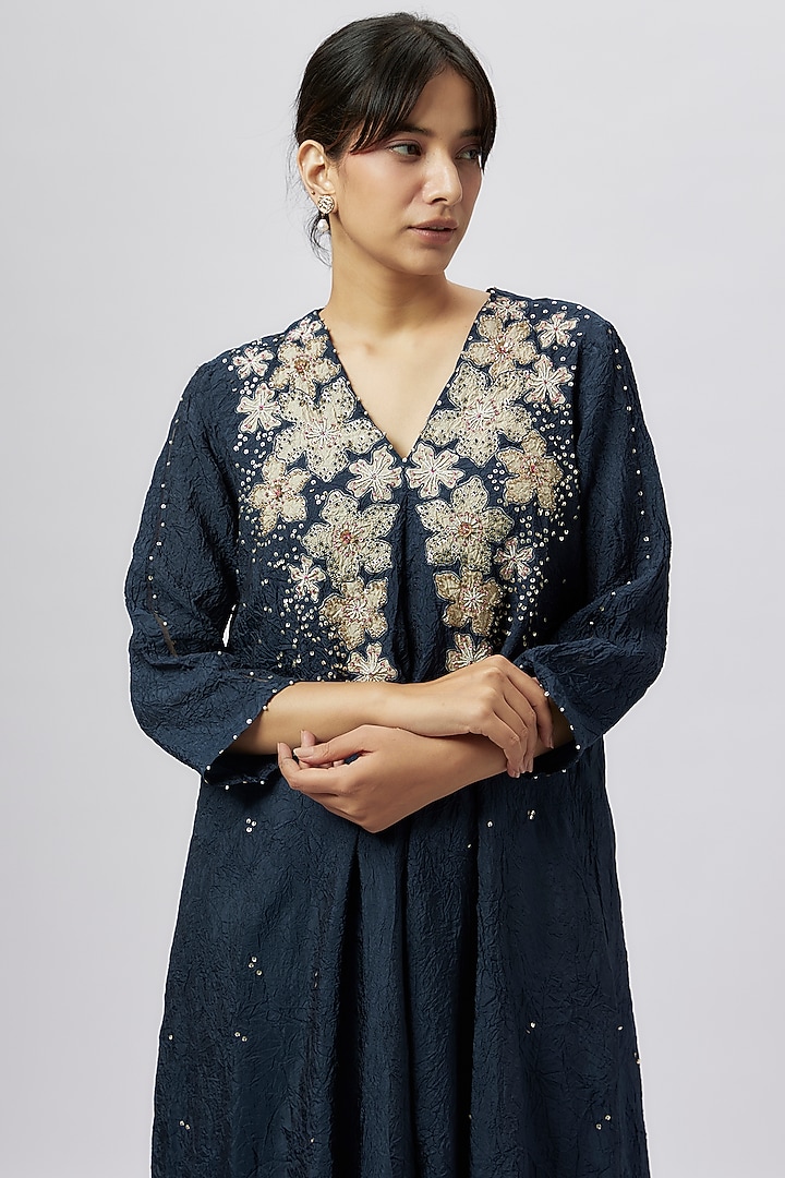 Navy Blue Viscose Silk Applique & Floral Beads Embroidered Kurta by One not two at Pernia's Pop Up Shop