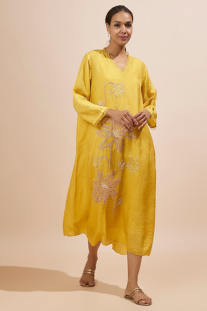 Yellow Viscose Silk Sequins Embroidered Kurta by One not two