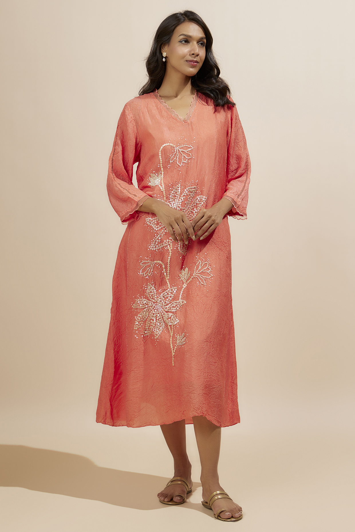 Coral Viscose Silk Sequins Embroidered Kurta by One not two at Pernia's Pop Up Shop