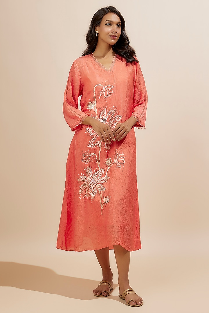 Coral Viscose Silk Sequins Embroidered Kurta by One not two