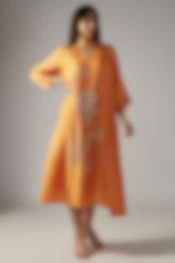 Orange Viscose Silk Sequins Hand Embroidered Kurta by One not two