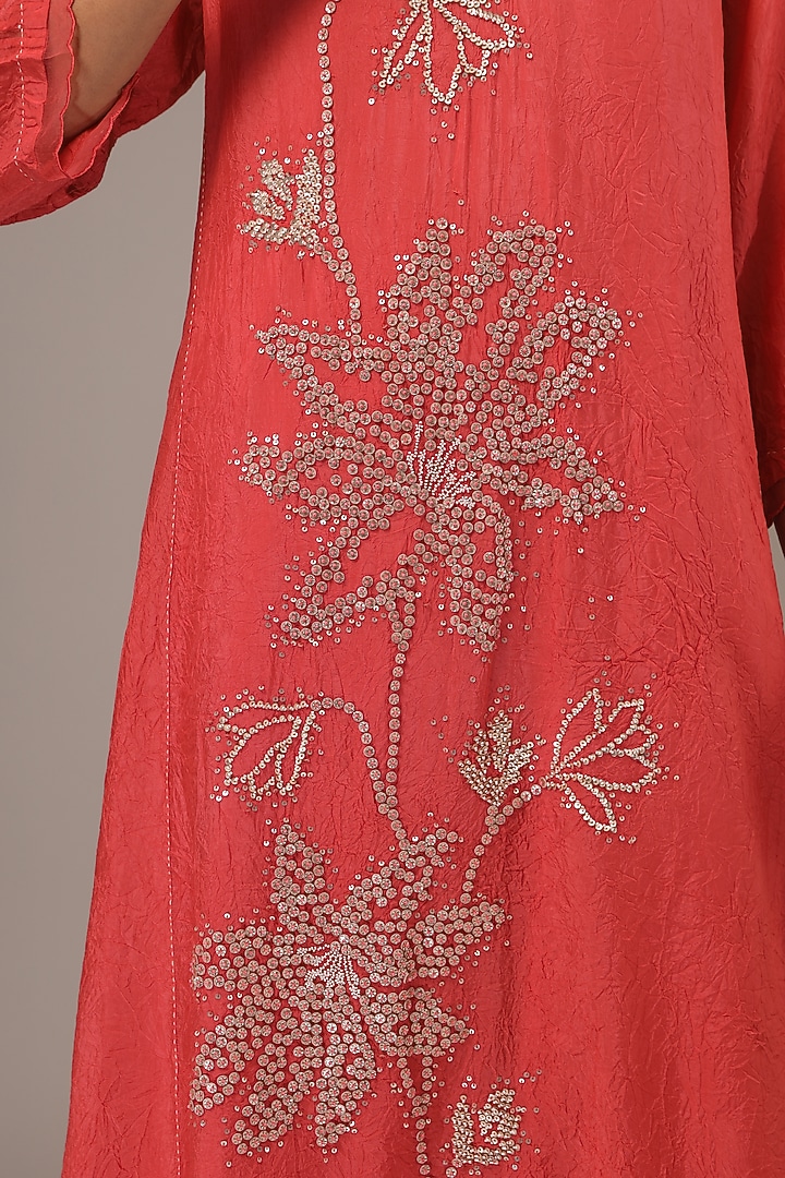 Scarlet Red Viscose Silk Sequins Embroidered Kurta by One not two at Pernia's Pop Up Shop
