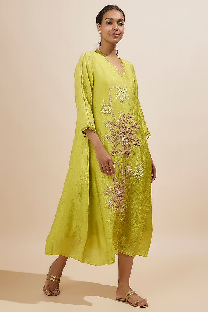 Citrine Yellow Viscose Silk Sequins Embroidered Kurta by One not two