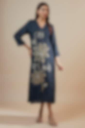 Navy Blue Viscose Silk Sequins & Bead Embroidered Kurta by One not two