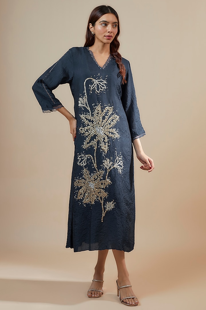 Navy Blue Viscose Silk Sequins & Bead Embroidered Kurta by One not two