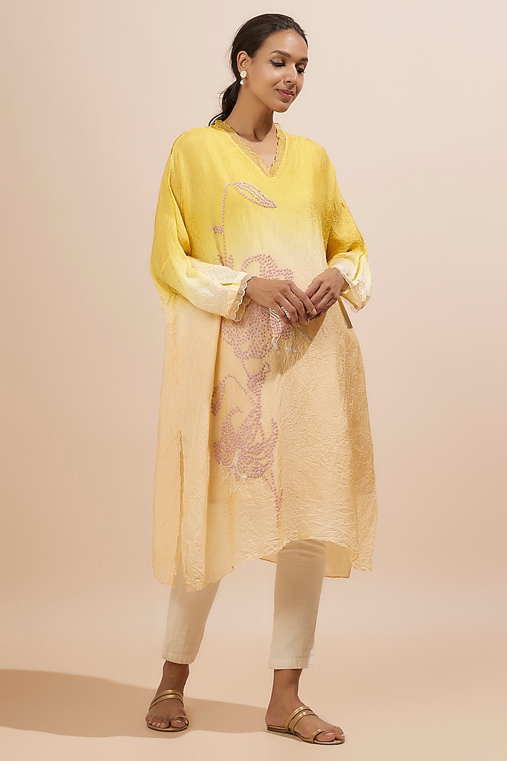 Yellow Ombre Viscose Silk Beads Embroidered Kurta by One not two at Pernia's Pop Up Shop