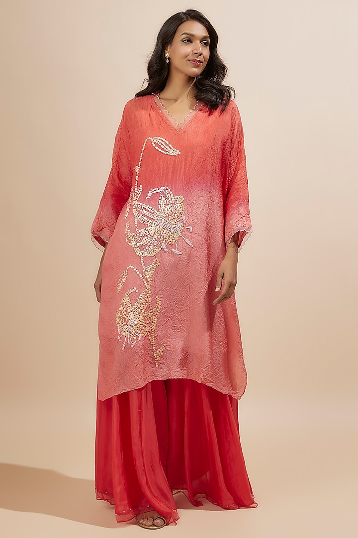 Red Viscose Silk Beads Embroidered Kurta by One not two at Pernia's Pop Up Shop