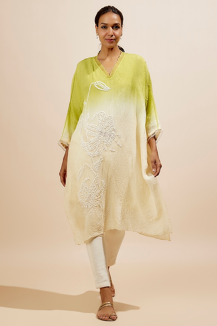 Citrine Yellow Viscose Silk Beads Embroidered Kurta by One not two at Pernia's Pop Up Shop