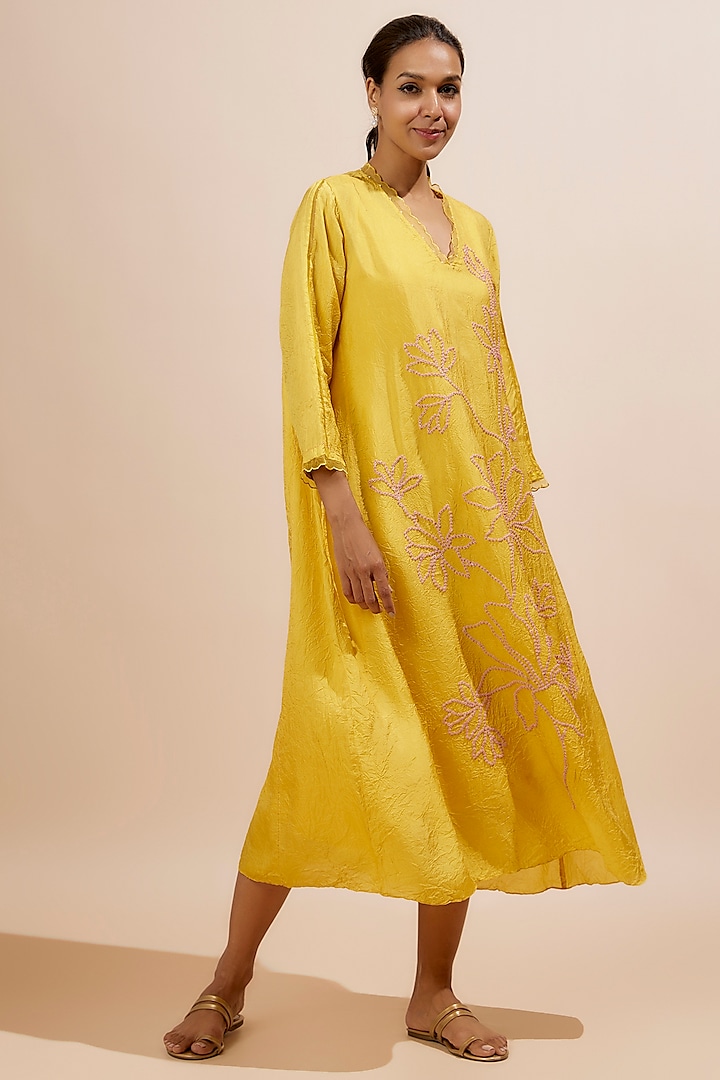 Yellow Viscose Silk Sequins Embroidered Kurta by One not two at Pernia's Pop Up Shop