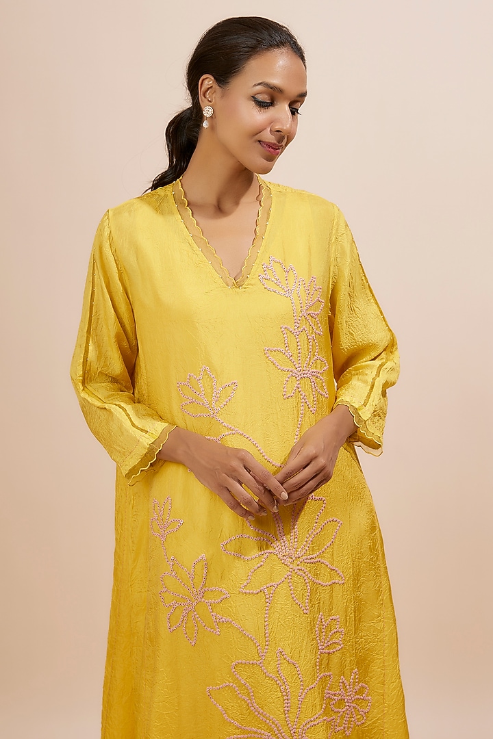 Yellow Viscose Silk Sequins Embroidered Kurta by One not two at Pernia's Pop Up Shop