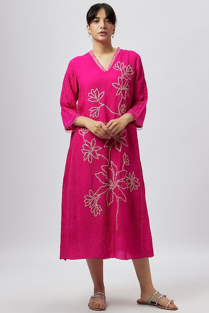 Hot Pink Viscose Silk Sequins & Beads Embroidered Kurta by One not two