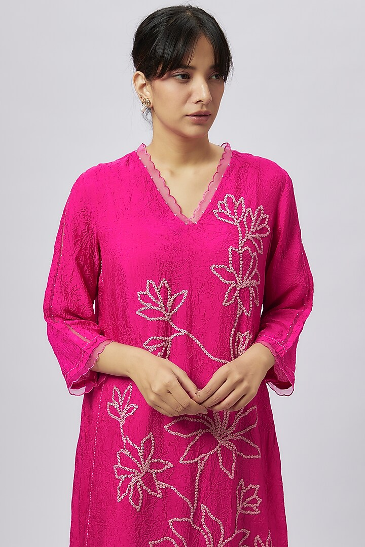 Hot Pink Viscose Silk Sequins & Beads Embroidered Kurta by One not two at Pernia's Pop Up Shop
