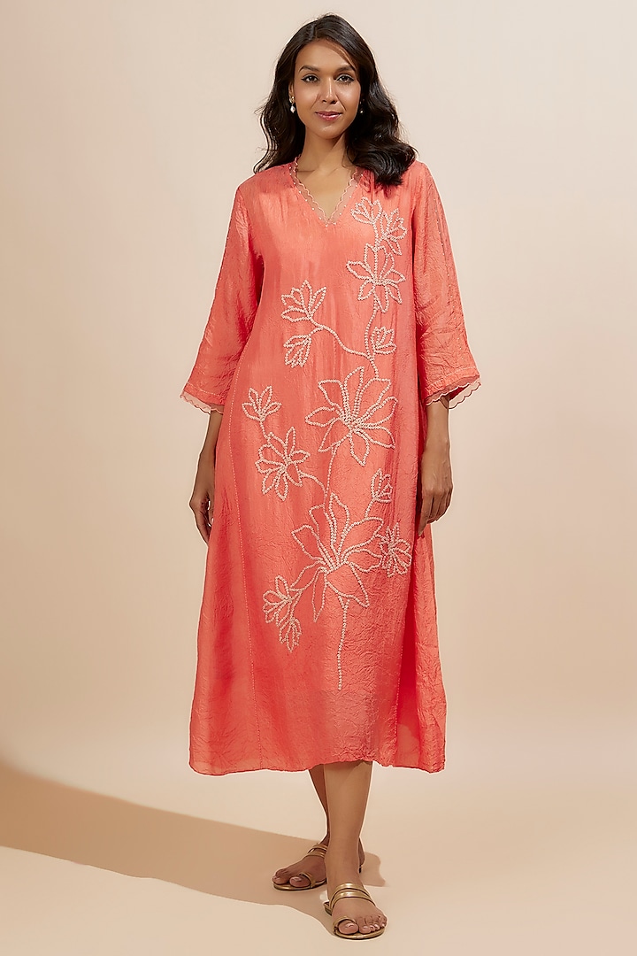 Coral Viscose Silk Sequins Embroidered Kurta by One not two at Pernia's Pop Up Shop