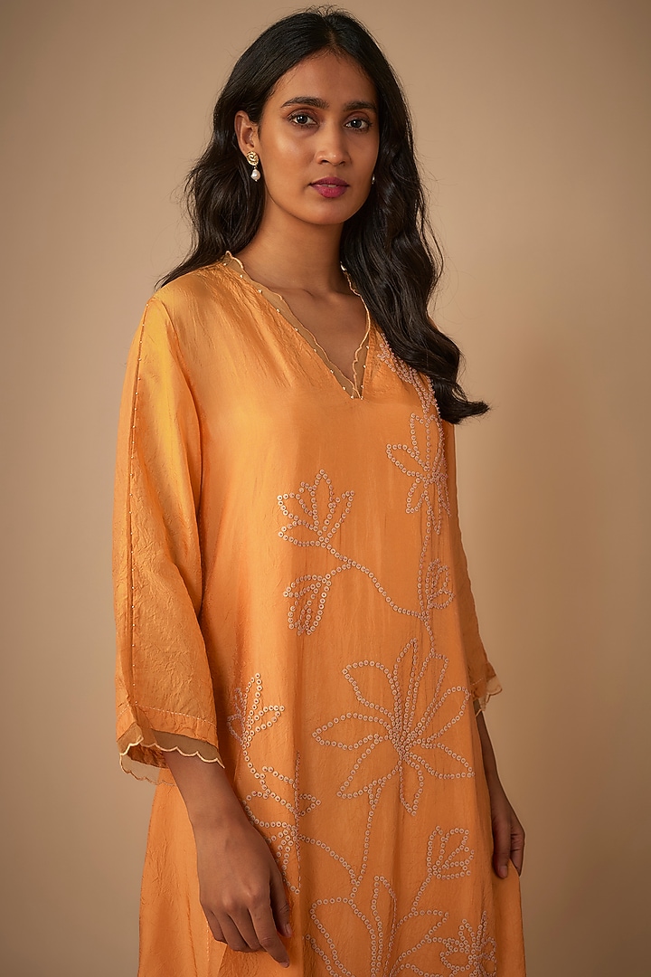 Papaya Silk Sequins Embroidered Kurta by One not two at Pernia's Pop Up Shop