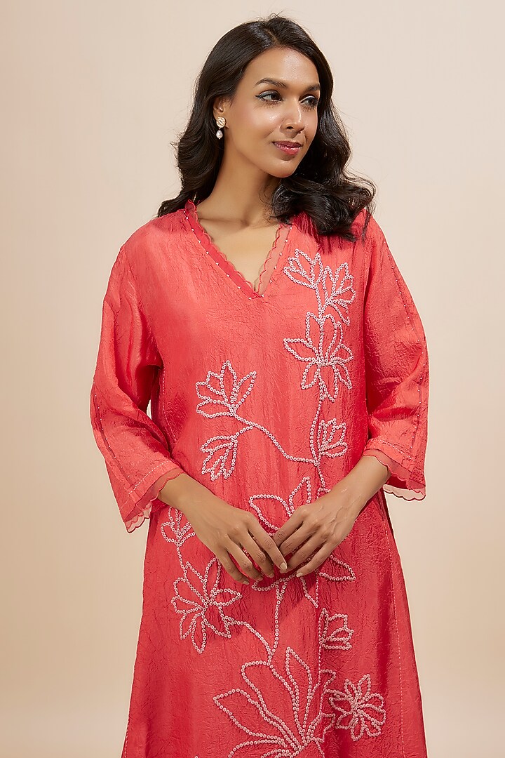 Red Viscose Silk Sequins Embroidered Kurta by One not two at Pernia's Pop Up Shop